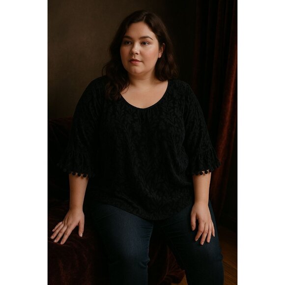 Womens Sheer Velvet Burnout Top Plus Size 0X Black Pom Pom Sleeve Boho Holiday - Picture 1 of 9